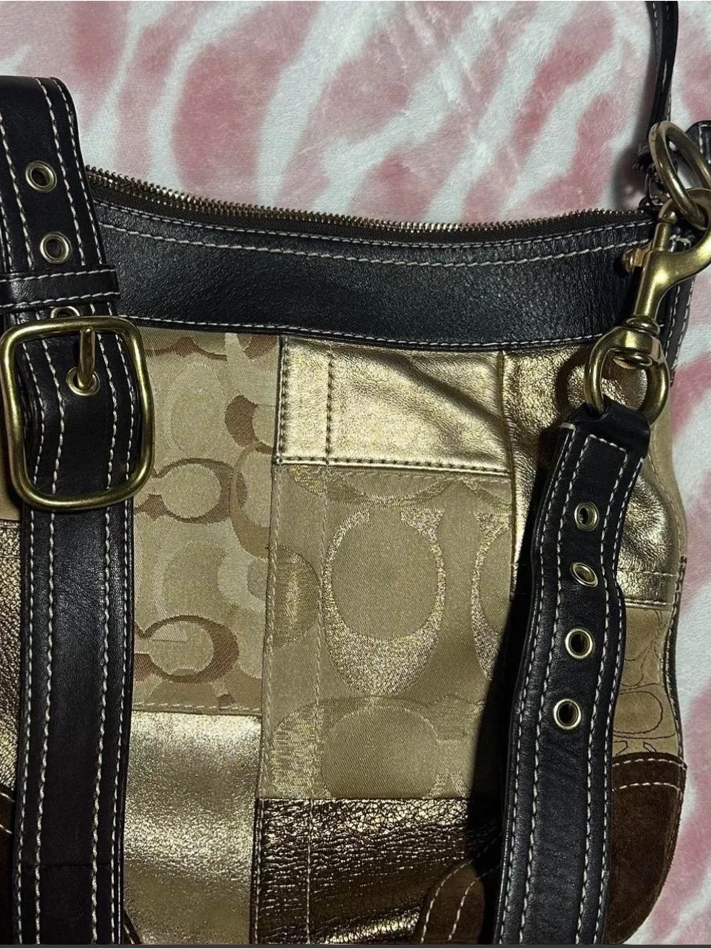 Coach 2006 Metallic Gold and Brown suede Patchwork Shoulder Bag